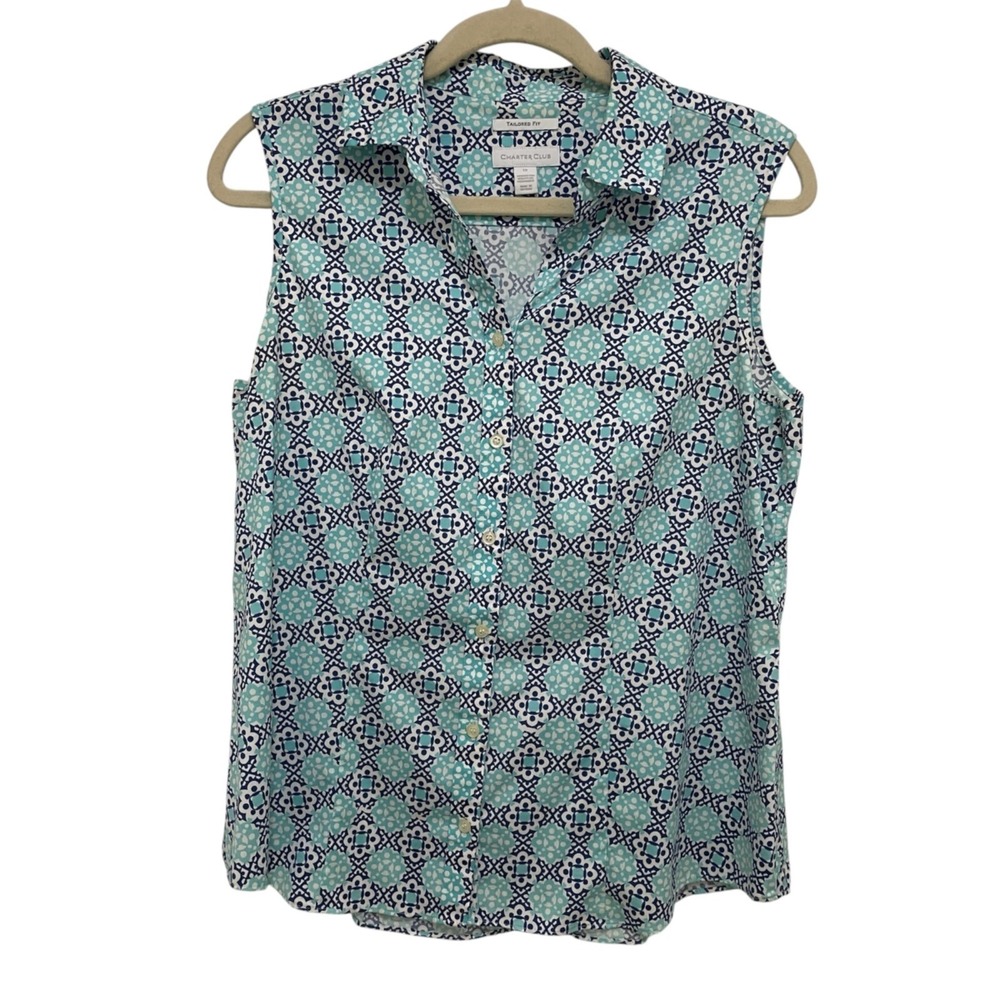 Charter Club Sleeveless Button Down Blue Geometric Tailored Fit Blouse Sz 10